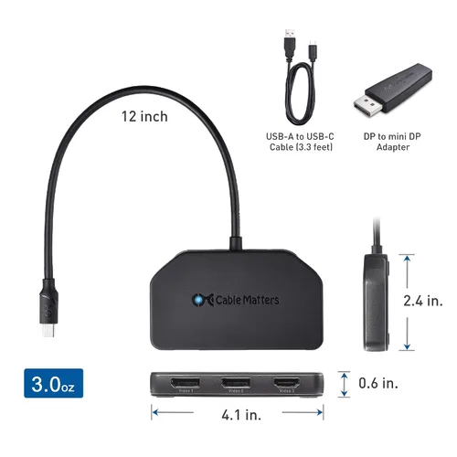 Vista 7 de Cable Matters 101065, divisor Mini DisplayPort/DisplayPort (2 DP + 1 HDMI), DP MST Hub con 2 puertos de pantalla y 1 HDMI para Windows,