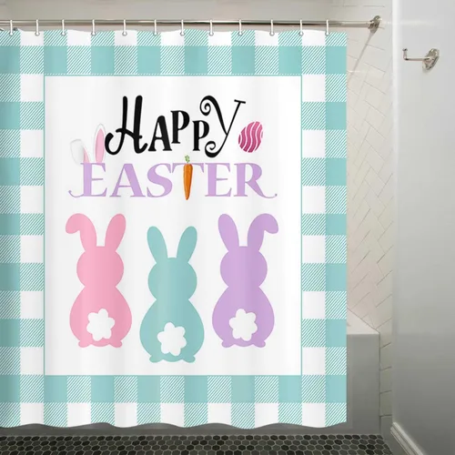 Vista 3 de Boziqr Cortina de ducha de Pascua para baño, lindo conejo, conejo, búfalo, cuadros cuadrados, cortinas de baño, tela verde azulado, accesorios