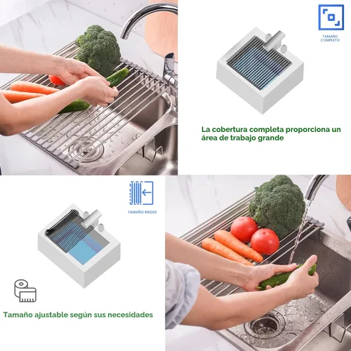 Vista 6 de Tomorotec Escurridor de platos enrollable, estante de secado de platos sobre el fregadero, estante portátil de acero inoxidable con ruedas multiusos