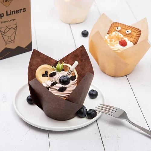 Vista 4 de Bake Choice Nordic Paper 100 unidades de forros grandes para magdalenas de tulipán marrón para tazas de horneado, papel pergamino de la UE, forros
