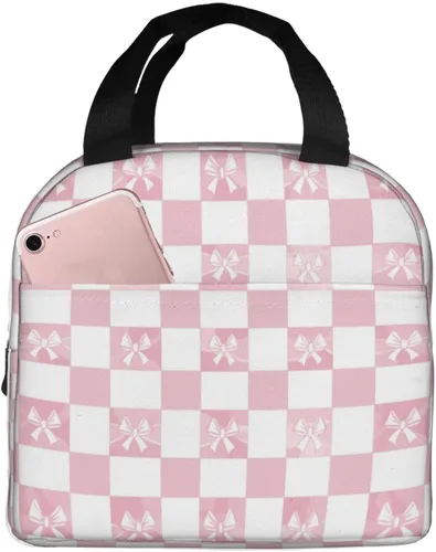 Vista 39 de Lonchera con diseño a cuadros azules aislada, bolsa térmica para almuerzo para adultos, niños, niñas, mujeres, oficina, trabajo, escuela, picnic