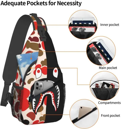 Vista 4 de Mochila bandolera, bolso de hombro de camuflaje de tiburón, bolso cruzado unisex, adecuado para viajes al aire libre, senderismo, senderismo