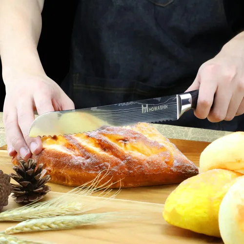 Vista 3 de Cuchillo de pan de 8 pulgadas afilado profesional cuchillo de cocina alemán de alto carbono cuchillo de cocina ergonómico color mango de madera