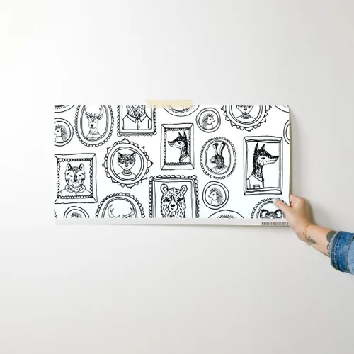 Vista 7 de Spoonflower Papel tapiz para despegar y pegar, marco de retrato de animales caprichoso, bosque, negro, blanco, cuarto de niños, papel tapiz