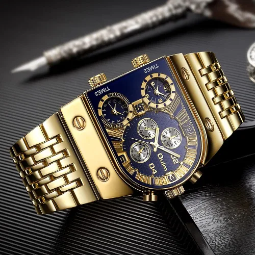 Vista 2 de GORBEN Creative Gold Watch - Reloj de cuarzo para hombre, 3 zonas horarias, reloj grande de acero inoxidable, reloj deportivo militar masculino