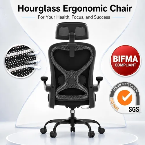 Vista 6 de Silla de oficina ergonómica para largas horas y alivio del dolor de espalda, diseño que ahorra espacio con soporte lumbar ajustable, brazos negro
