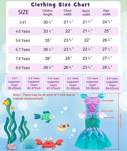 Vista 2 de Oskiner Disfraz de sirena para niñas, vestido de sirena para niñas y niños