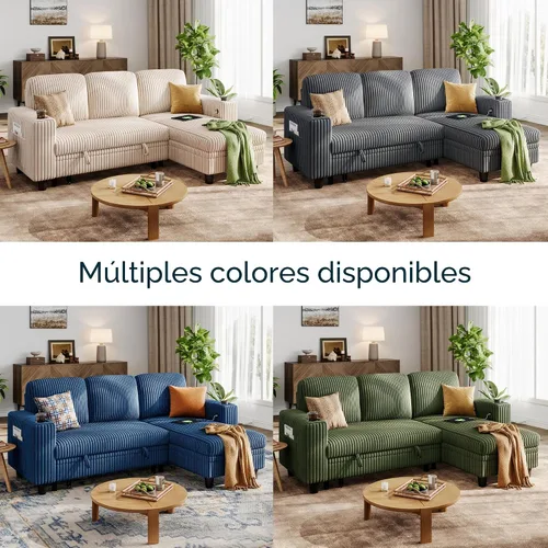 Vista 8 de LINSY HOME - Sofá seccional cama extraíble para sala de estar, sofá en forma de L de corduroy mullido con almacenamiento y carga USB, sofá seccional