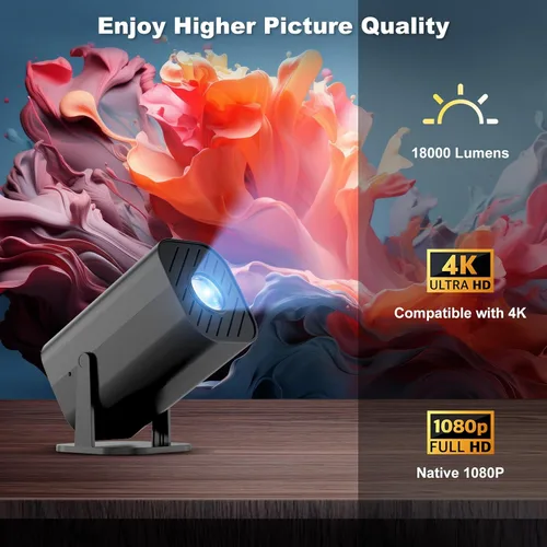 Vista 2 de Mini proyector de dormitorio, proyector de películas pequeñas (con Bluetooth y altavoz integrados), nativo 1080P, compatible con 4K, compatible