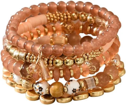 Vista 11 de 4 piezas de juego de pulseras bohemias apilables de múltiples capas con cuentas de cristal coloridas, pulseras elásticas con cuentas de oro Verde