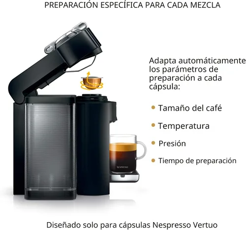 Vista 4 de Máquina de café y espresso Nespresso Vertuo de De'Longhi, color negro piano con espumador de leche Aeroccino Black coffee and espresso maker by