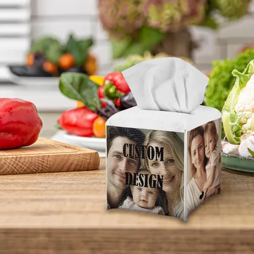Vista 4 de Personalizar caja de pañuelos de cuero PU cuadrado caja de pañuelos titular personalizado su foto/logotipo/texto, personalizable en todos los lados