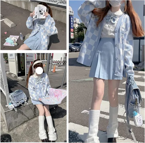 Vista 6 de Suéter Kawaii de anime a cuadros para mujer disfraz de cosplay con cuello en V manga larga