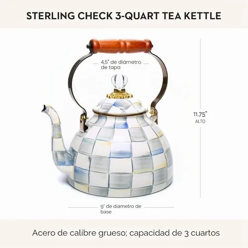 Vista 4 de MACKENZIE-CHILDS - Hervidor de té esmaltado, elegante hervidor de té para estufa, cuadro de estera gris y blanco, 3 cuartos de galón Sterling Check