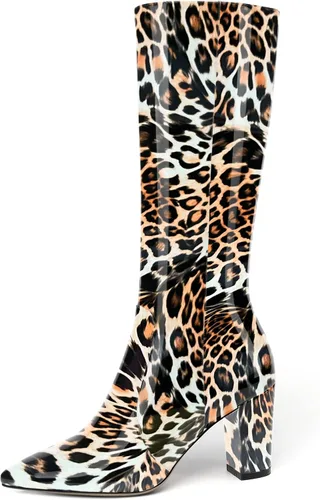 Vista 184 de AMBELIGHT Botas altas hasta la rodilla con cremallera y puntera puntiaguda para mujer, de patente sólida, tacón alto, 3.3 pulgadas
