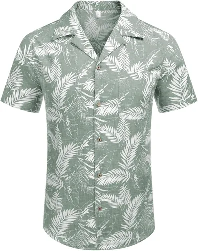 Vista 2 de COOFANDY Camisas florales hawaianas de algodón y lino con botones tropicales para hombre