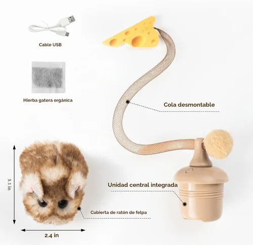 Vista 7 de Migipaws MigiMouse - Juguete interactivo para gatos de 360° con cola de plástico de malla para gatos de interior, sensor de movimiento inteligente