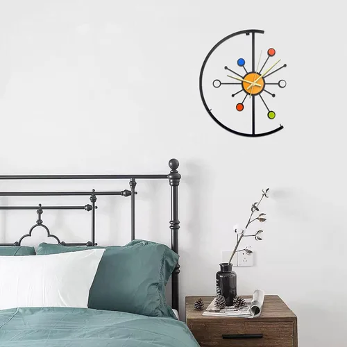 Vista 7 de Reloj de pared de metal único de 14 pulgadas, moderno reloj de mediados de siglo con mecanismo silencioso, reloj decorativo colorido para sala