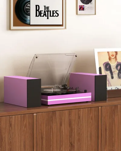 Vista 3 de Reproductor de discos de vinilo con dos altavoces externos, tocadiscos de transmisión por correa para discos de vinilo, altavoces estéreo duales