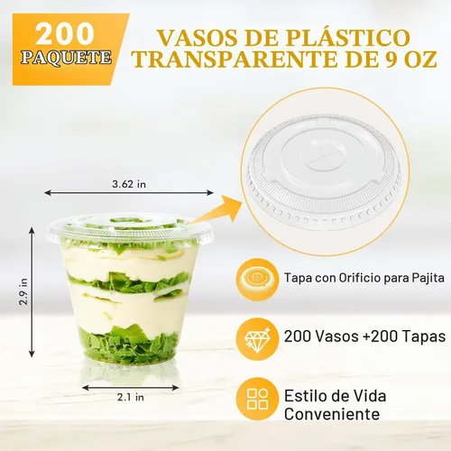 Vista 2 de Vplus Paquete de 200 vasos de plástico PET de 9 onzas con tapas planas, vasos de plástico desechables de cristal para parfait, frutas, postres