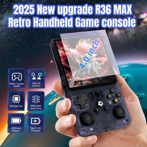Vista 2 de Nueva actualización 2025 R36MAX consola de juegos de mano retro, consola de videojuegos IPS de 4.0 pulgadas con tarjeta TF de 64 GB más de 20000