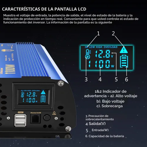 Vista 2 de Inversor de potencia 1100 vatios 12V DC a 110V 120V AC, inversor de 1000 W con pantalla LCD, control remoto, 2 tomas de CA, puertos USB duales