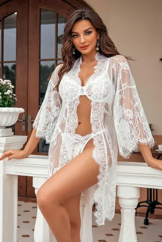 Vista 7 de Avidlove - Kimono de encaje para mujer, tipo babydoll, camisón de malla de lencería de talla S-5XL