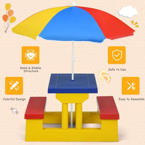 Vista 7 de Costzon Mesa de picnic para niños, mesa y banco para interiores y exteriores con paraguas extraíble, mesa de picnic portátil para niños pequeños