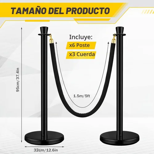 Vista 2 de Wesiti Juego de 6 postes de acero inoxidable con corona superior de 5 pies y 3 piezas de cuerda de terciopelo y postes de control de multitudes Negro
