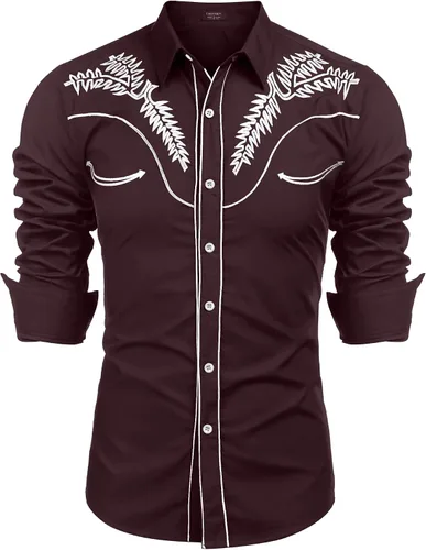 Vista 17 de COOFANDY Camisa occidental para hombre de manga larga con bordados, camisa de vaquero casual con botones café (01-Coffee(Pattern1))