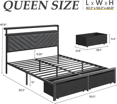 Vista 2 de Fluest Base de cama Queen con 2 cajones, cabecera tapizada con estación de almacenamiento y carga, luces LED, cajones de tela con ruedas, Gris