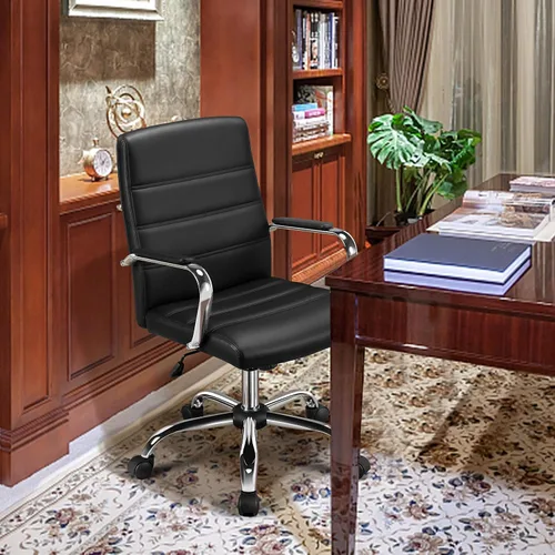 Vista 2 de Topeakmart Silla de oficina con respaldo medio, silla ejecutiva giratoria ajustable de piel sintética, color negro