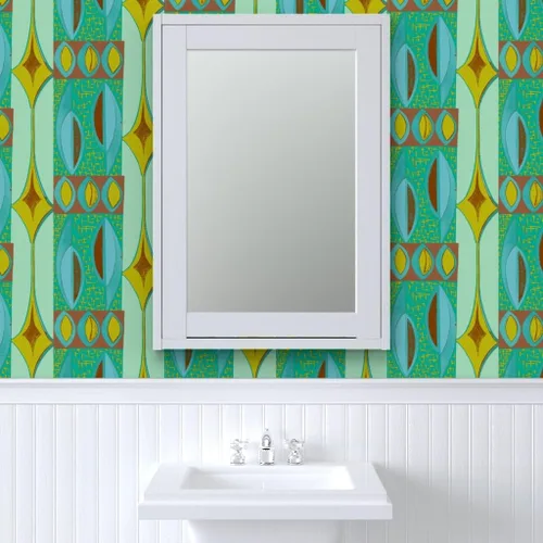 Vista 9 de Muestras de papel tapiz extraíbles, color azul y marrón, retro, de mediados de siglo, Tiki Mod Atómico, papel pintado prepegado personalizado por