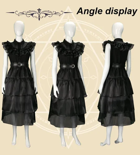 Vista 6 de Dworsky Wednesday Addams Dress,Wednesday Addams Costume Girls Lace Black Dress Halloween Party Gothic Cosplay