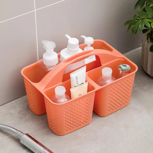 Vista 3 de Cesta de ducha portátil de plástico con asa, 3 compartimentos, color Naranja