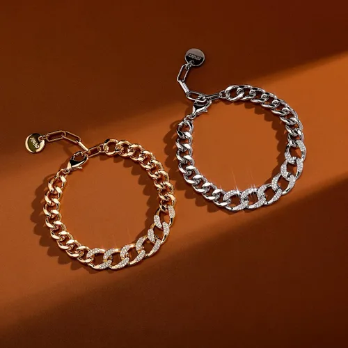 Vista 4 de JINAO Pulsera gruesa chapada en oro de 14 quilates con circonita cúbica helada y eslabones cubanos de Miami con extensores ajustables para mujeres