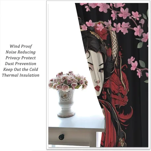 Vista 6 de Cortinas de geisha japonesas, flores rosas, ramas de árbol, sexy, glamour, para mujer, encantador, estética, oriental, con bolsillo para barra