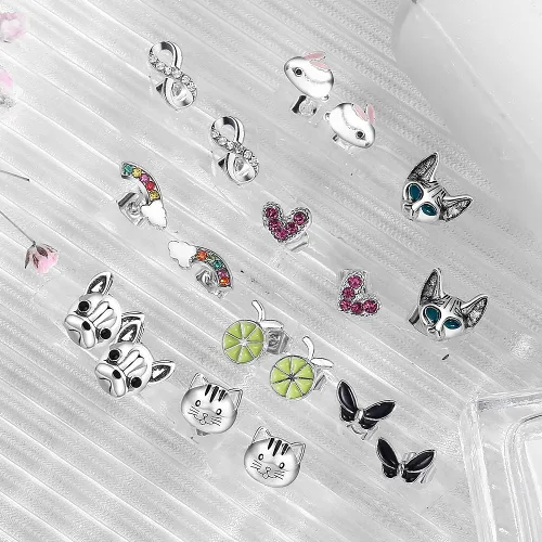 Vista 4 de Juego de 20 pares de aretes de ópalo de acero inoxidable para mujeres y niñas, animales arco iris, mariquita, abeja, mariposa, gato, serpiente