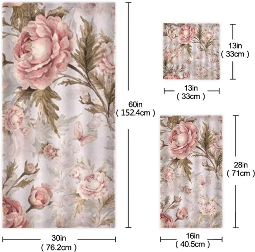 Vista 3 de Juego de toallas de baño para baño, diseño artístico de flores de peonía, hojas de flores, estilo shabby chic, juego de 3 toallas de lujo, 1 toalla