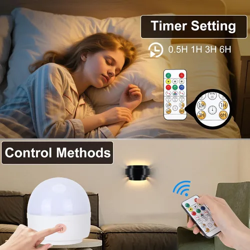 Vista 4 de Lightess Juego de 2 Apliques de Pared, Luces de Pared Recargables con Control Remoto y Bombillas RGB, Aplique de Pared Negro con Batería