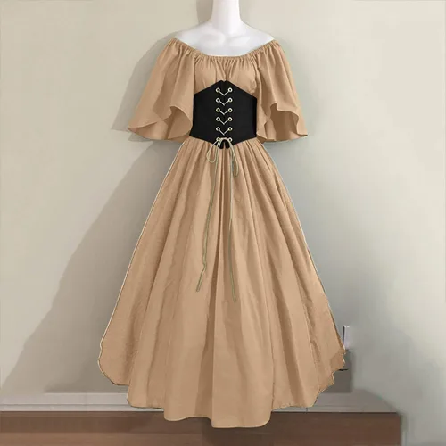 Vista 2 de SHOPESSA Vestido renacentista, disfraz victoriano para mujer, vestido de baile de retazos, vestido medieval de manga acampanada con corsé
