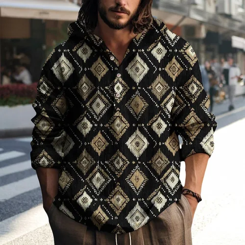 Vista 2 de Sudadera con capucha para hombre, con estampado azteca de otoño, de gran tamaño, manga larga, casual, con capucha
