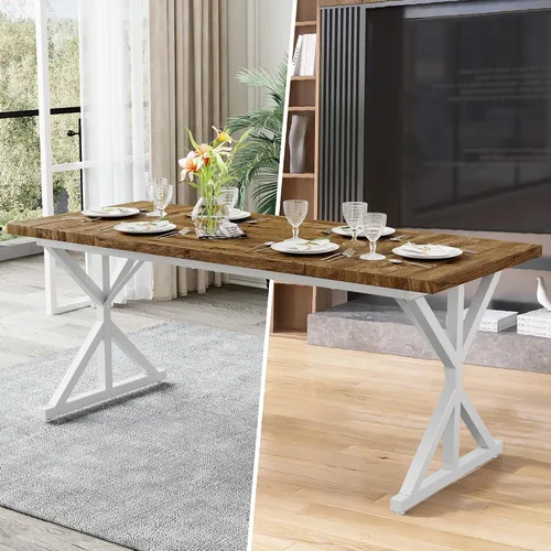 Vista 7 de Mesa de comedor de granja para 6-8 personas, mesa de comedor rectangular de madera de 70.8 pulgadas, mesa de cocina rústica con patas de metal extra