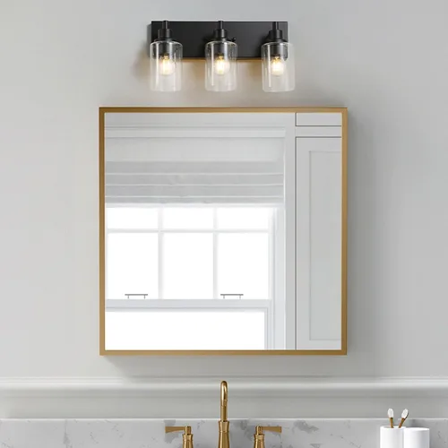 Vista 7 de LOUSACE Lámpara de tocador de baño de 3 luces, lámparas de baño negro mate sobre el espejo, iluminación moderna de baño con pantalla de vidrio