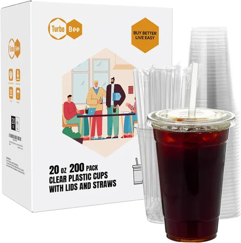 Vista 11 de Turbo Bee 200 juegos de vasos de plástico transparente de 12 onzas con tapas y pajitas, tazas de café helado desechables para llevar con tapas