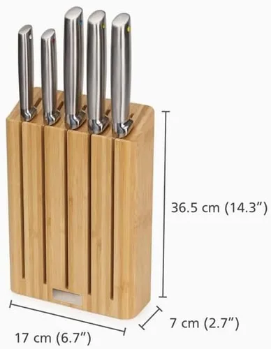 Vista 6 de Joseph Joseph Elevate - Juego de cuchillos de cocina de 5 piezas, acero inoxidable japonés, bloque de cuchillos de bambú delgado