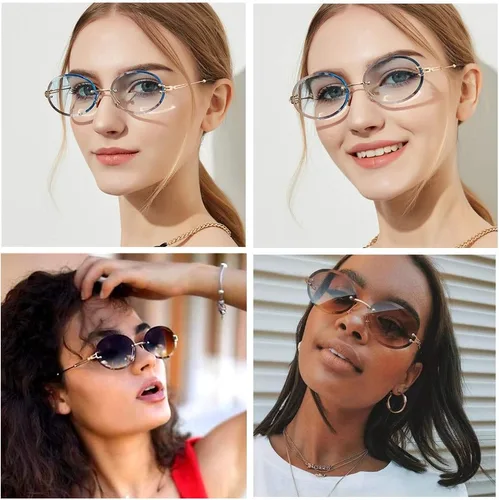 Vista 7 de LASPOR Gafas de sol ovaladas retro para mujeres y hombres, a la moda, vintage, de metal dorado, sin marco, lentes tintados, protección UV400