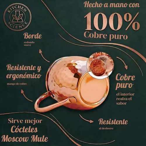 Vista 3 de Juego de 6 tazas grandes de cobre martillado de alta calidad, 19 onzas, revestimiento de laca de grado alimenticio, tazas de cóctel de pared gruesa