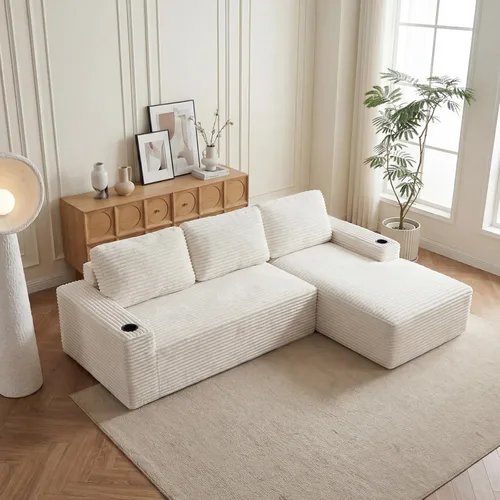 Vista 24 de Sofás seccionales sin hueso en forma de L de 104 pulgadas para sala de estar, cómodo sofá de pana con diván y portavasos, reposabrazos ancho