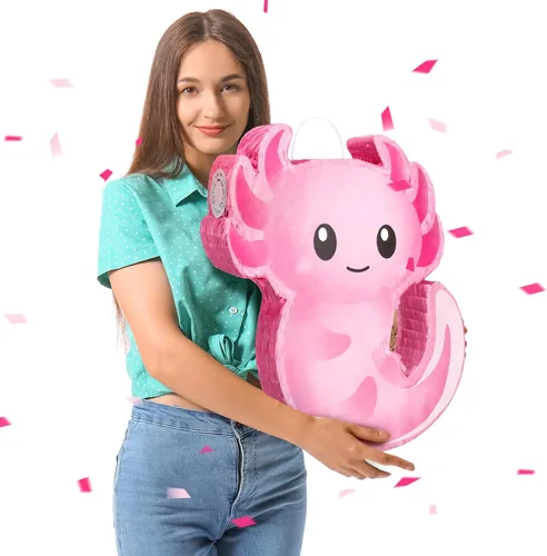 Vista 7 de Piñata de ajolote rosa para cumpleaños, fiesta de Navidad, piñata rosa con palo, confeti para Navidad, regalo de adultos, decoración de fiestas